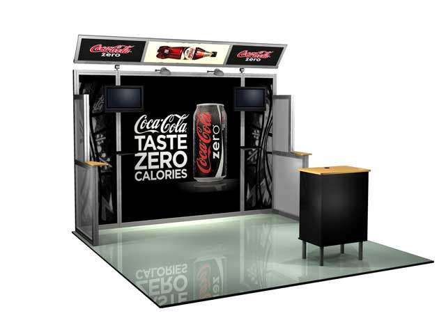 Trade show display with televisions, table and lights for Coke Zero